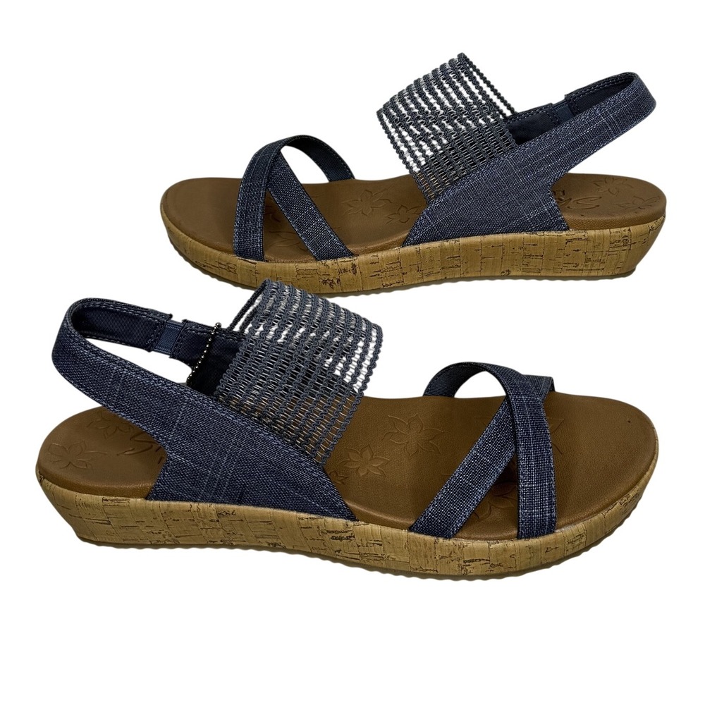 Skechers Brie Dawdle Sandals Womens 9 Navy Textile Wedge Comfort Slingback 32829